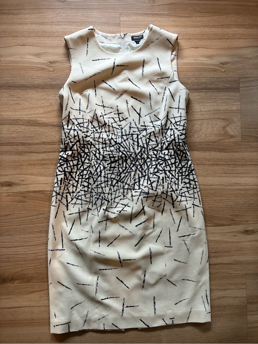 Worth Cream Sheath Dress with Black Abstract Print